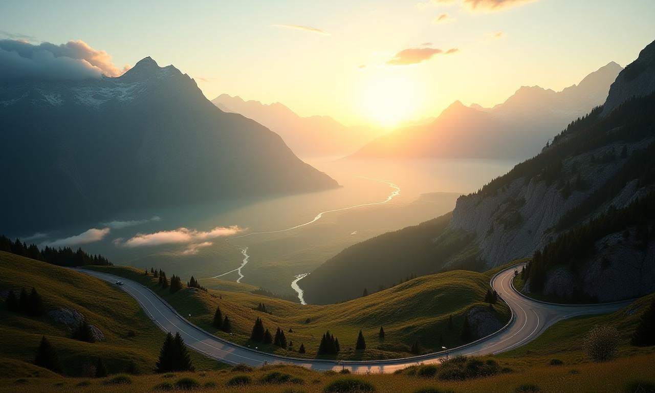 Sonnenaufgang über einer Schweizer Alpen-Autobahn
